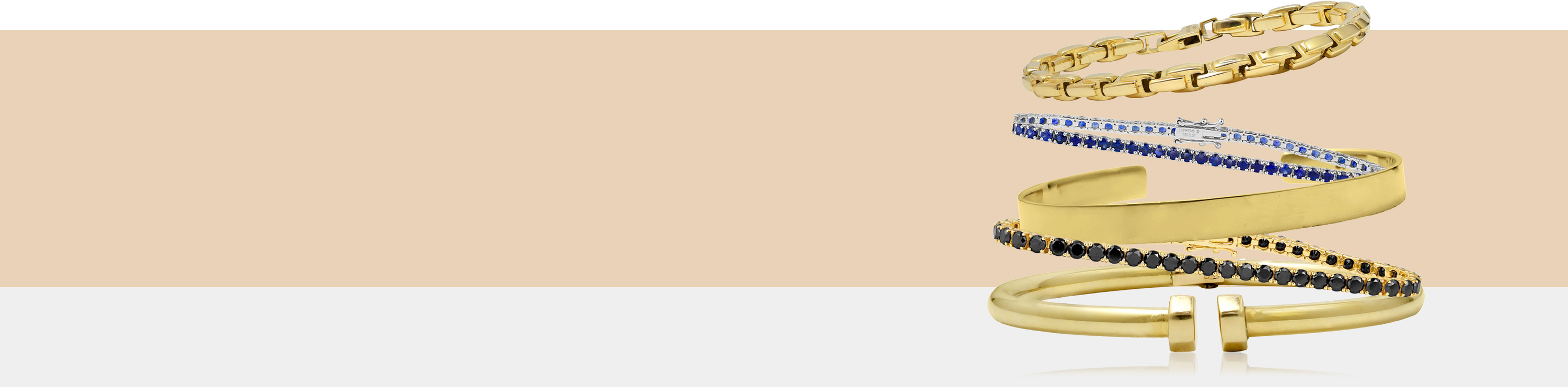 Vijf verschillende heren armbanden, spang, tennis en schakkel armbanden