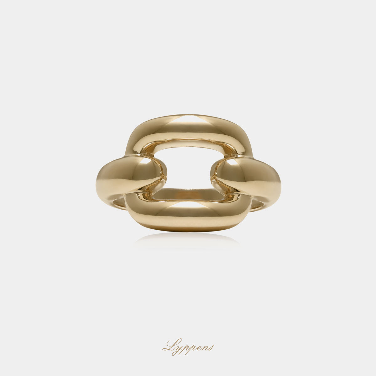 14kt geelgouden ring gedecoreerd met een schakel vormige element.
