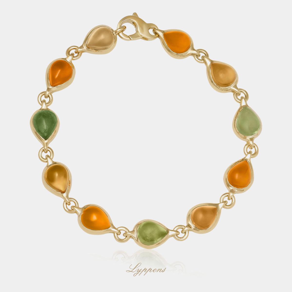 Geelgouden armband gezet met druppel vormige cabochon geslepen citrien en peridoot.
