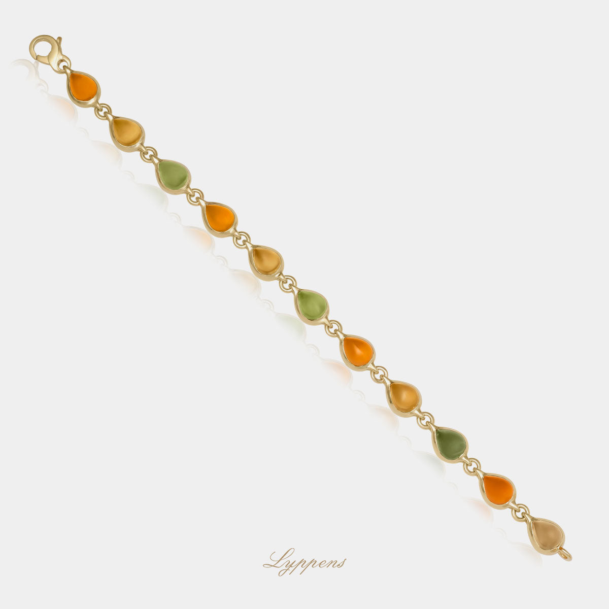 Geelgouden armband gezet met druppel vormige cabochon geslepen citrien en peridoot.