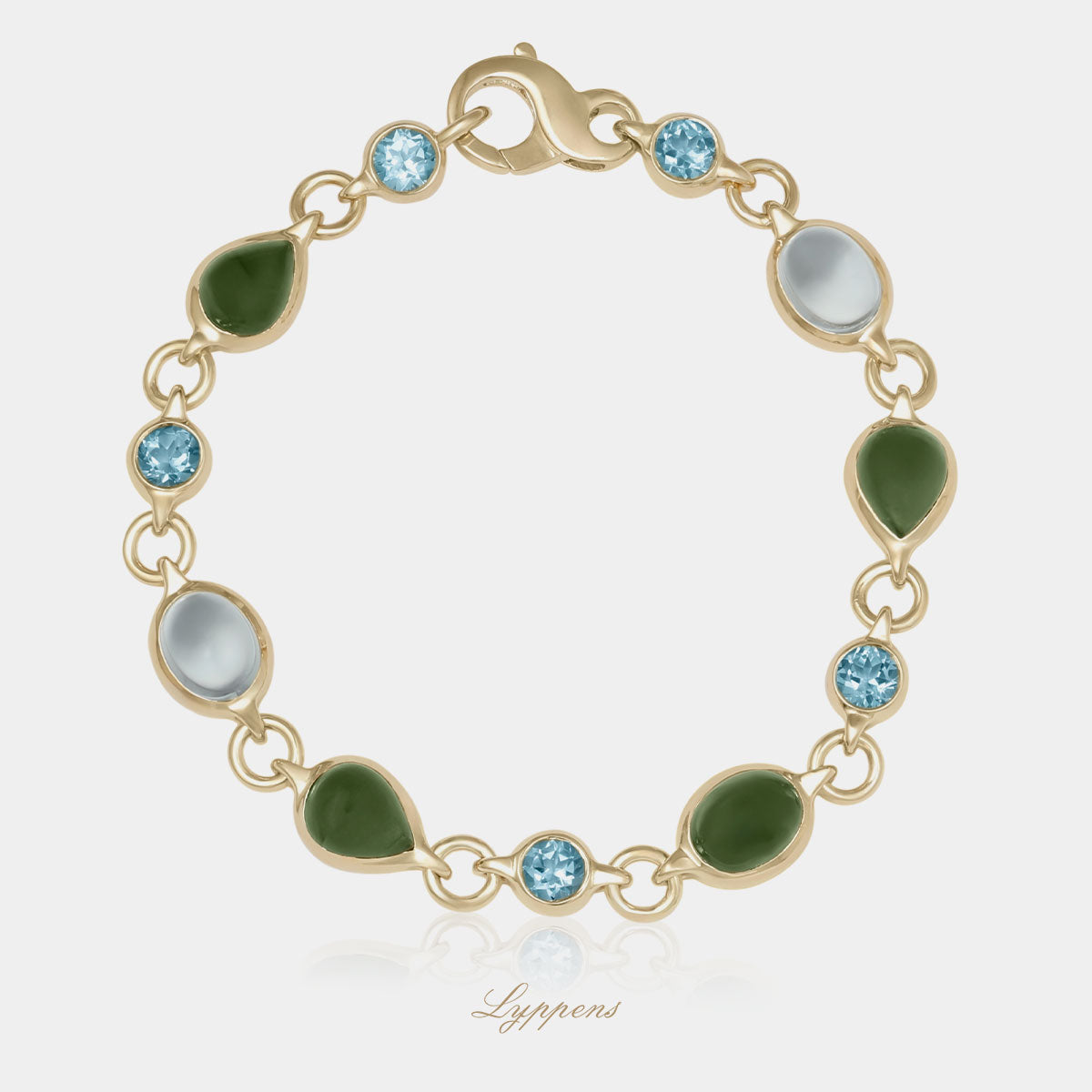 Geelgouden schakelarmband gezet met Swiss blue topaas, toermalijn en aquamartijn.