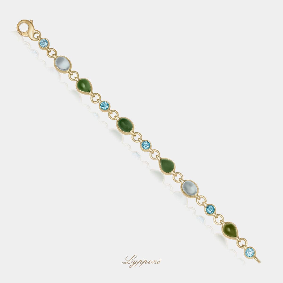 Geelgouden schakelarmband gezet met Swiss blue topaas, toermalijn en aquamartijn.