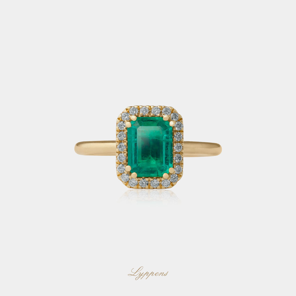 Yellow gold halo ring with emerald and diamonds - Main Image
