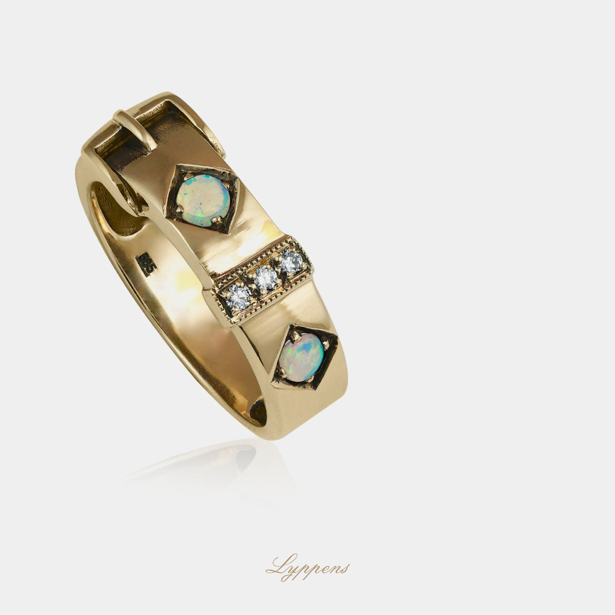 Staande vintage stijl gesp ring gezet met opaal en briljant geslepen diamant