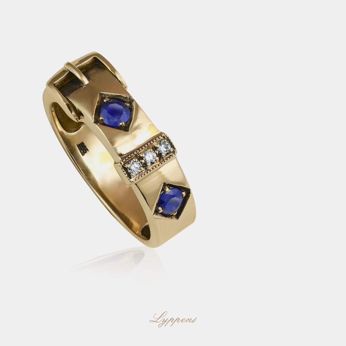 Staande geelgouden vintage stijl gesp ring gezet met saffier en briljant geslepen diamant.