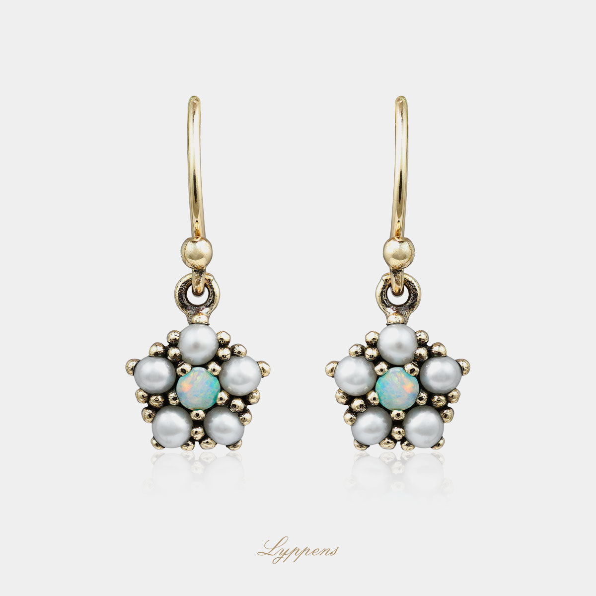 Yellow gold drop earrings with opal and pearls