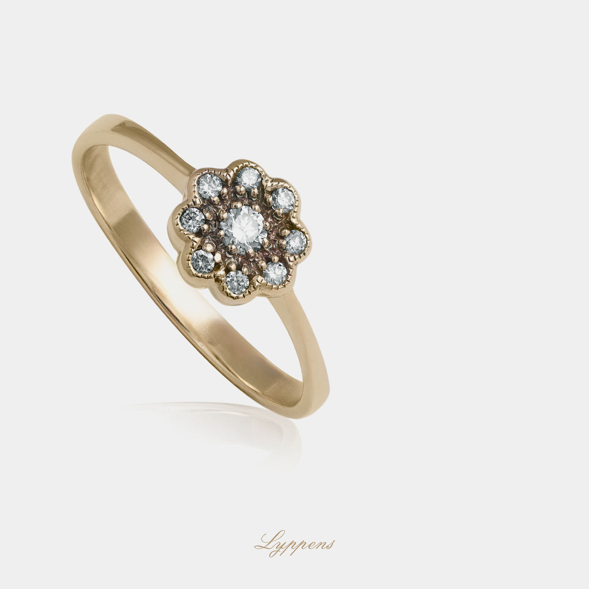 Yellow gold halo ring with diamonds