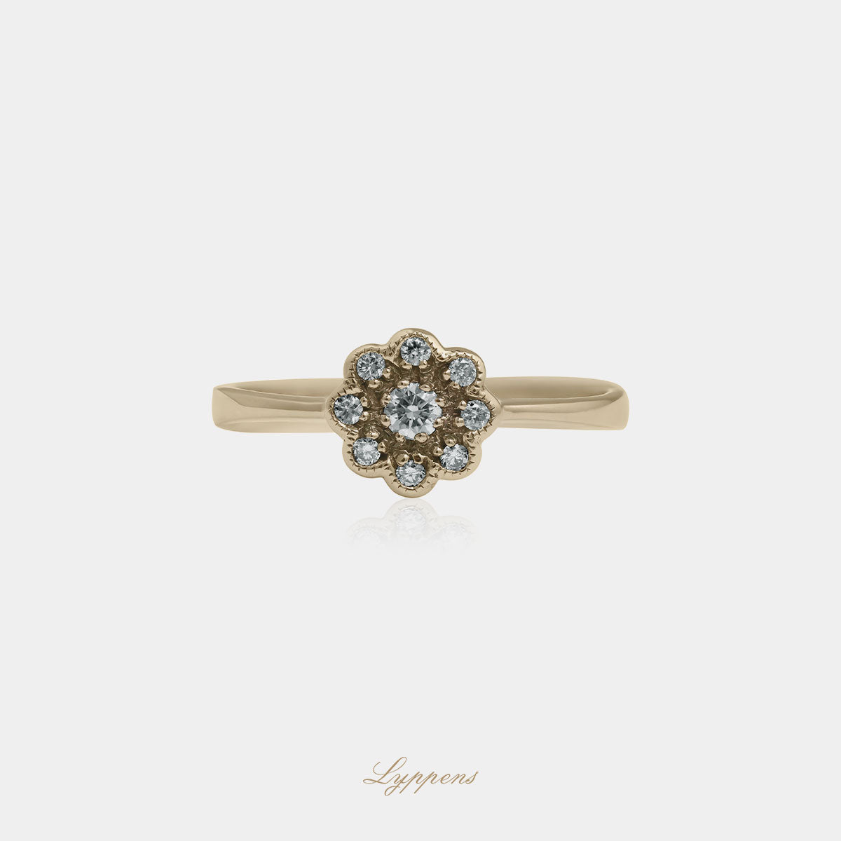 Yellow gold halo ring with diamonds