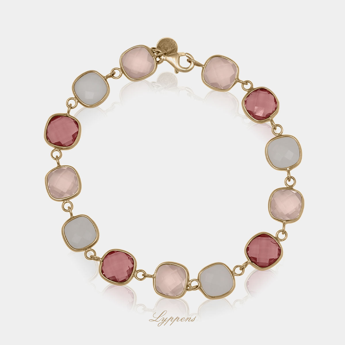 Geelgouden schakelarmband gezet met checkerboard geslepen Rhodoliet, rozenkwarts en witte kwarts.