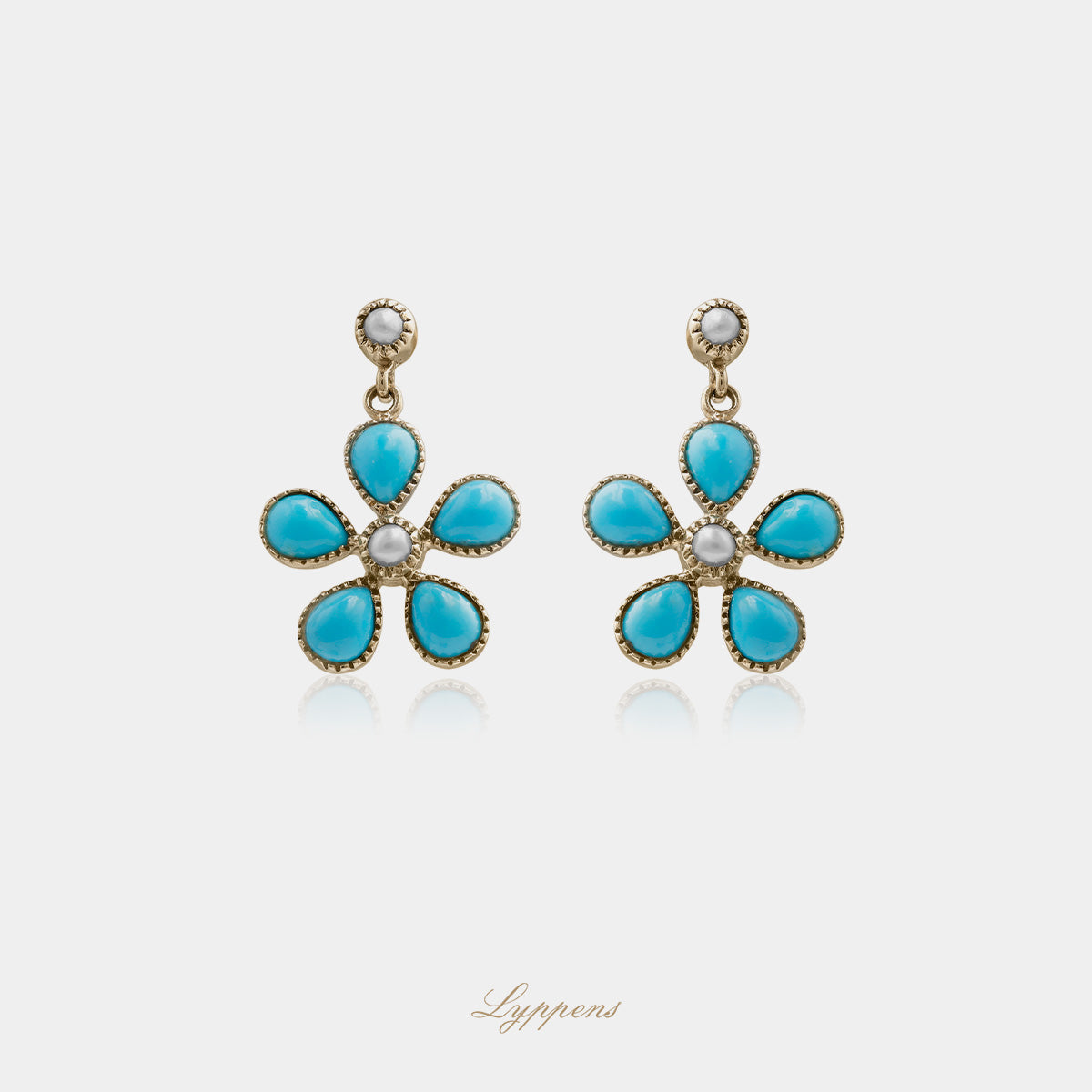 Geelgouden oorbellen met turkoois en parel