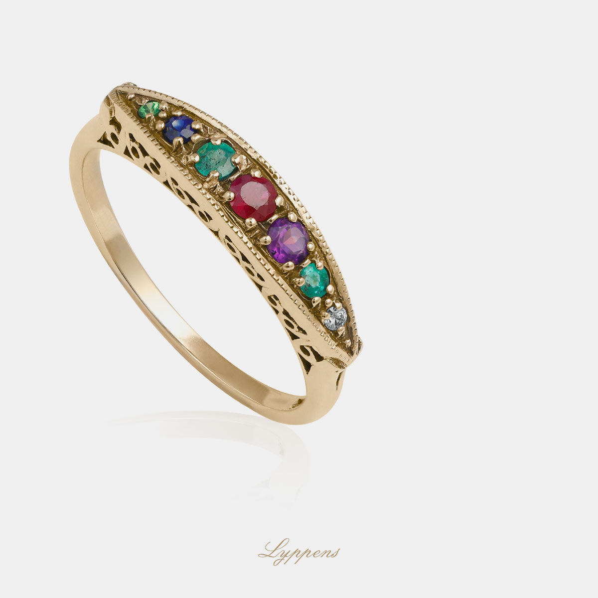 Yellow gold dearest ring with diamond and various gemstones