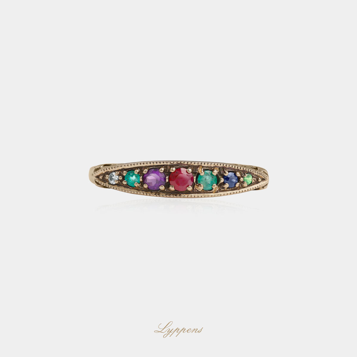 Yellow gold dearest ring with diamond and various gemstones