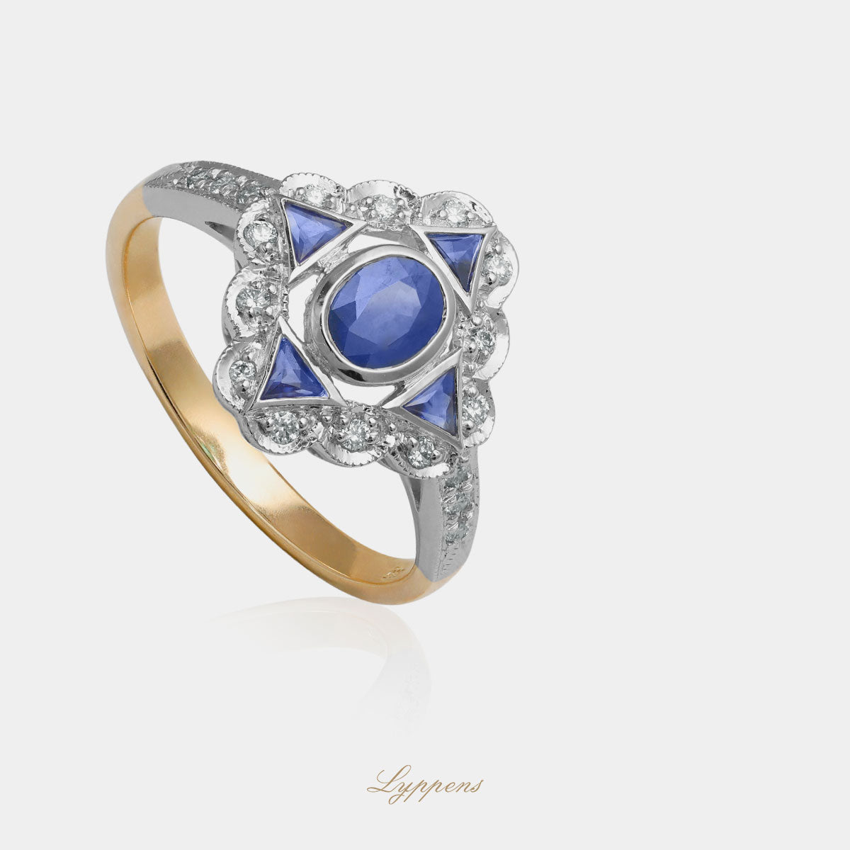 Geel- met witgouden ring met saffier en diamant