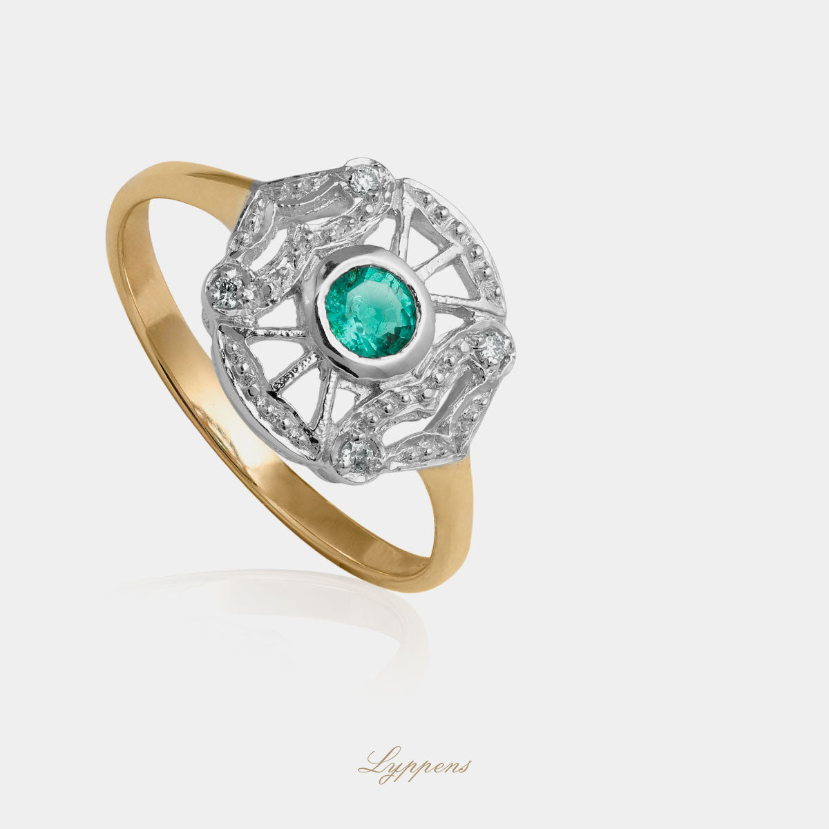 Geelgouden ring met smaragd en diamant
