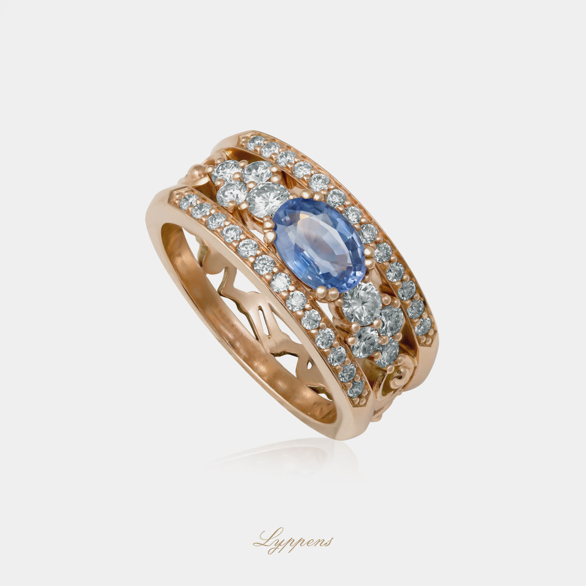 Roségouden bandring gezet met een ovaal geslepen saffier en omringd door briljant geslepen diamant.