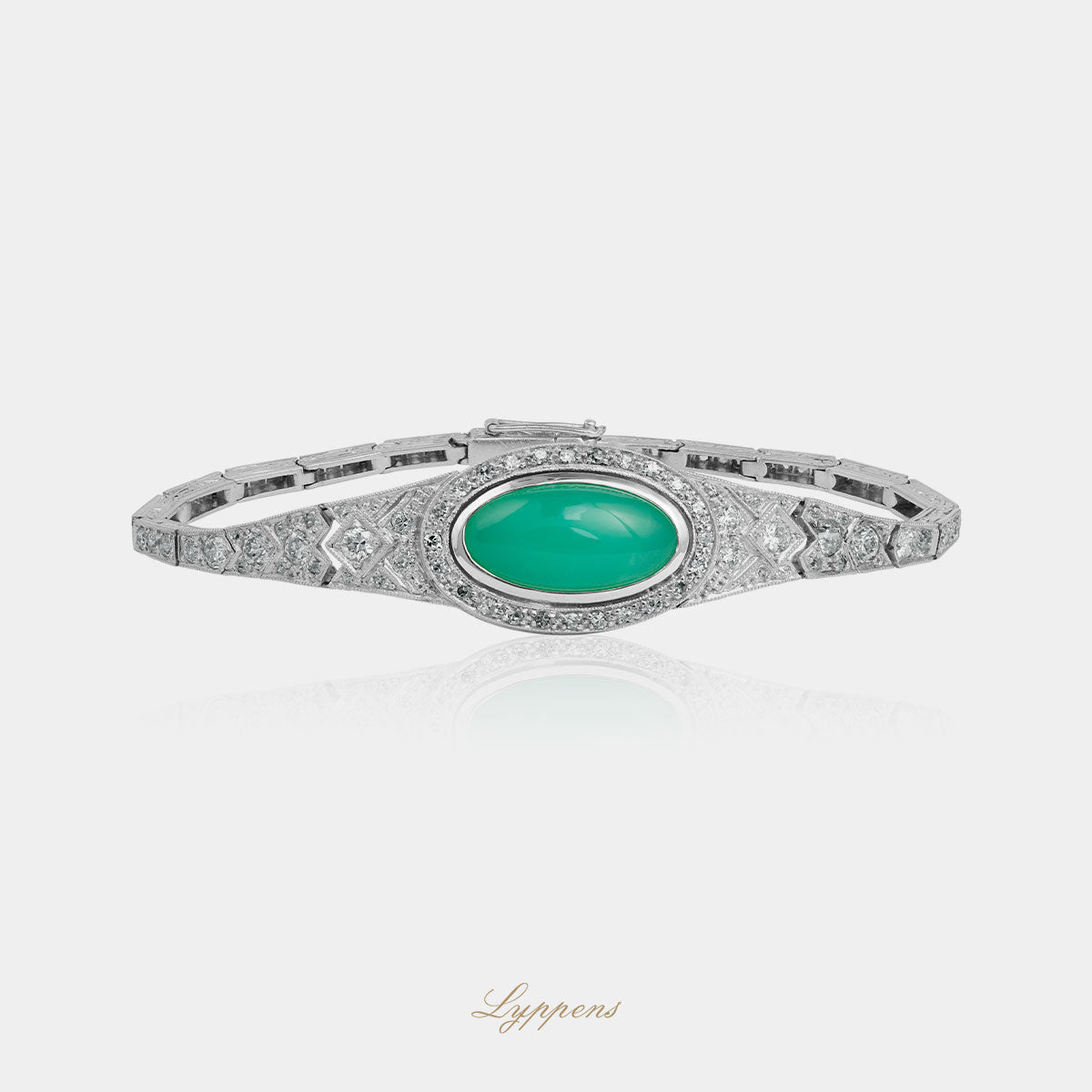 Platina vintage Art Deco armband met chrysopraas en diamant
