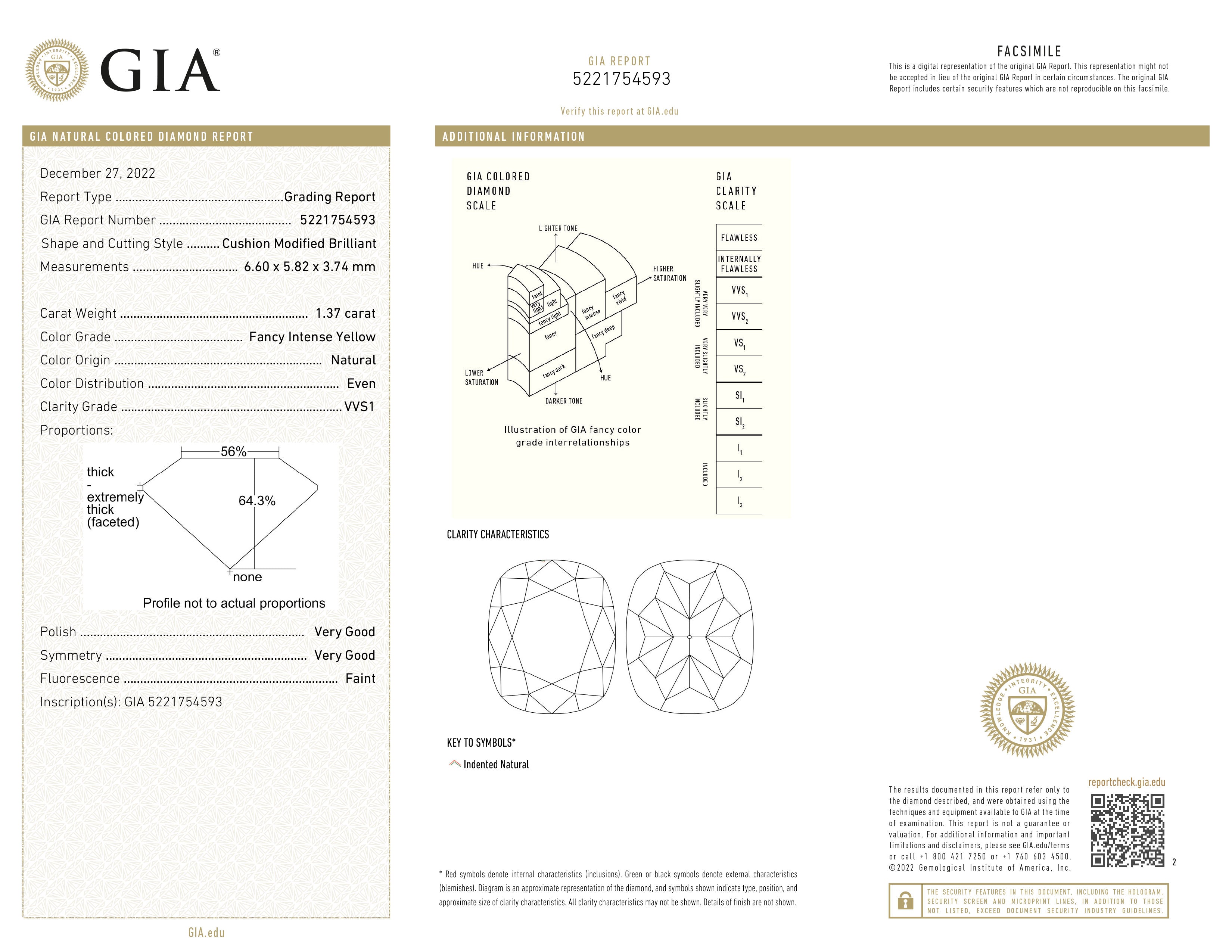 GIA certificaat van een kussen geslepen diamant met een totaalgewicht van 1.37ct.