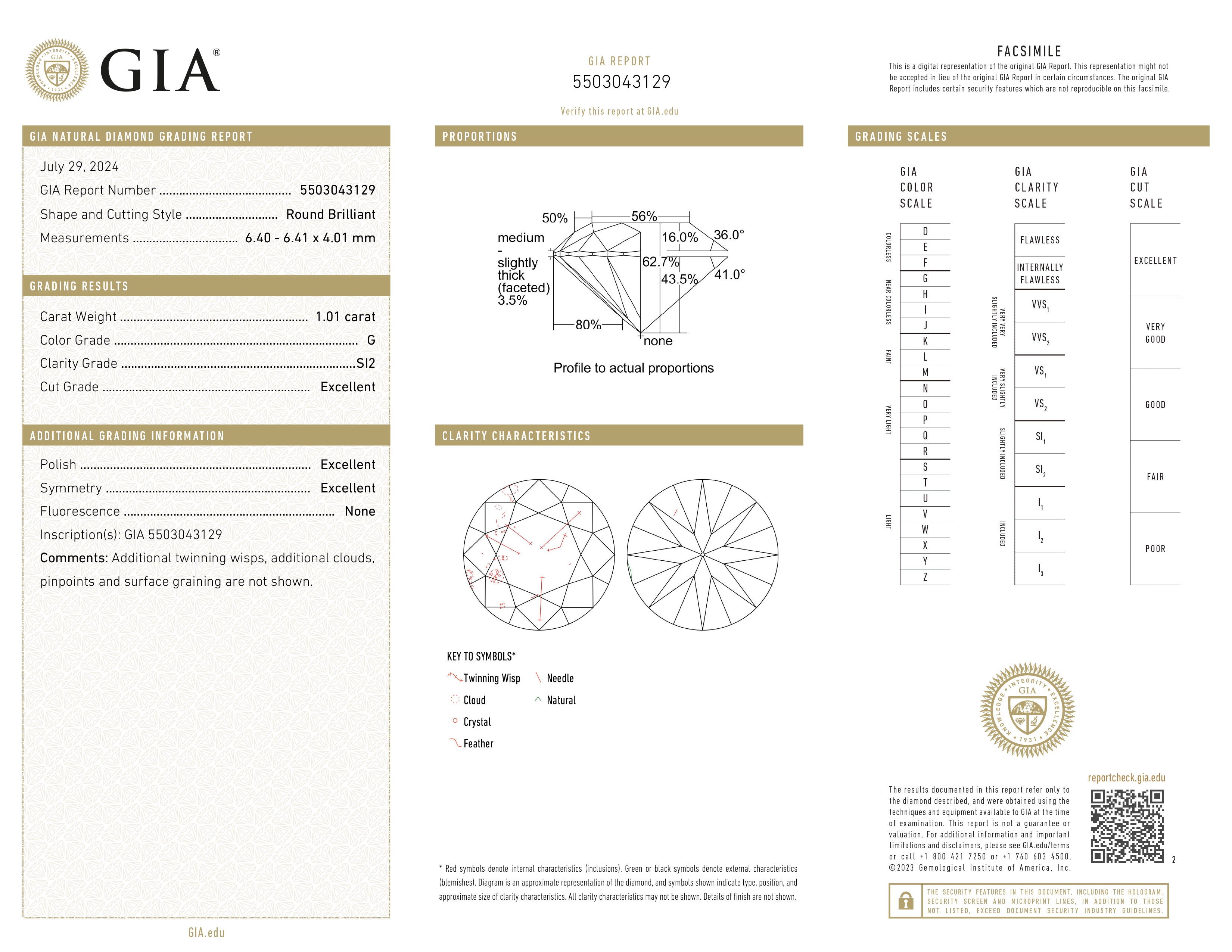 Brilliant cut diamond 1.01ct, G, SI2