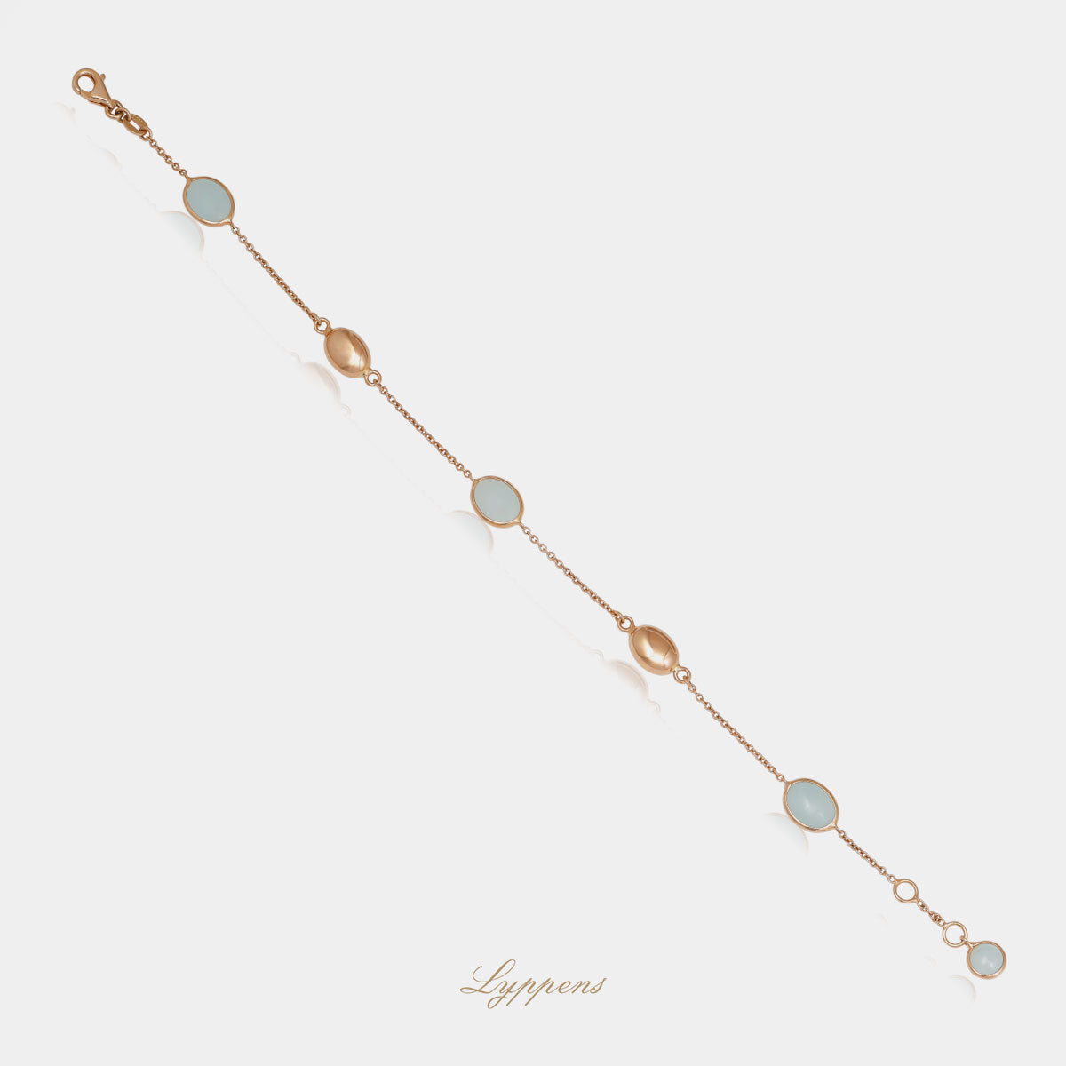 Roségouden anker schakelcollier met gouden elementen en cabochon geslepen auqamarijn.