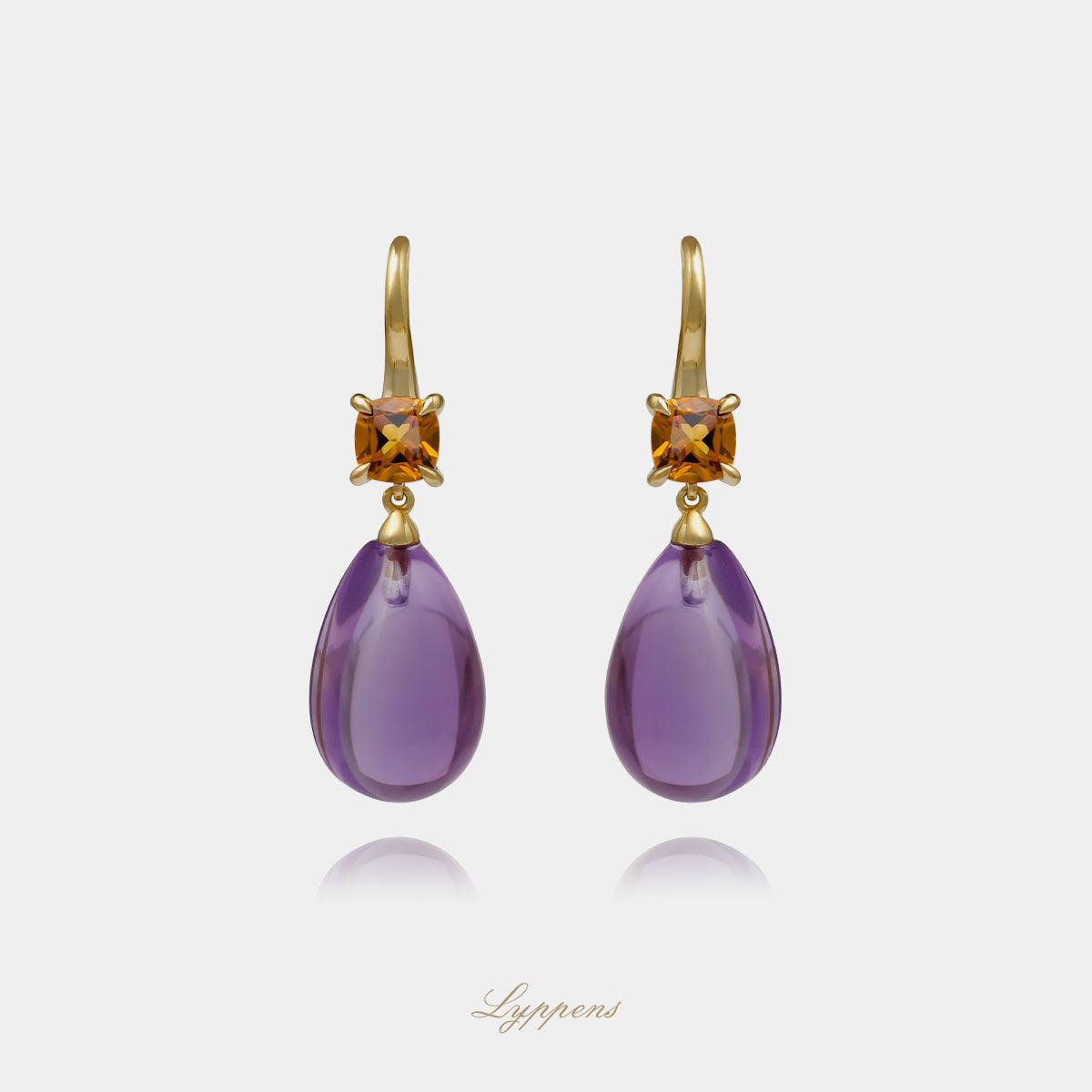 Yellow gold earrings with citrine and amethyst