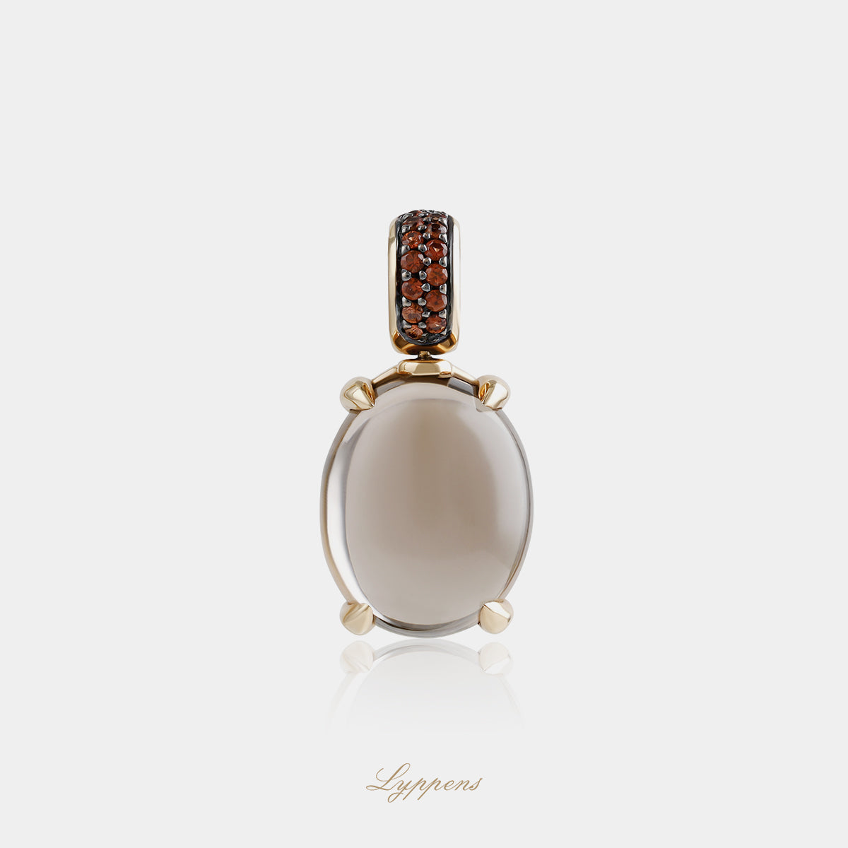 18kt roségouden hanger met cabochon geslepen rookkwarts en pavé gezette rond geslepen oranje saffieren