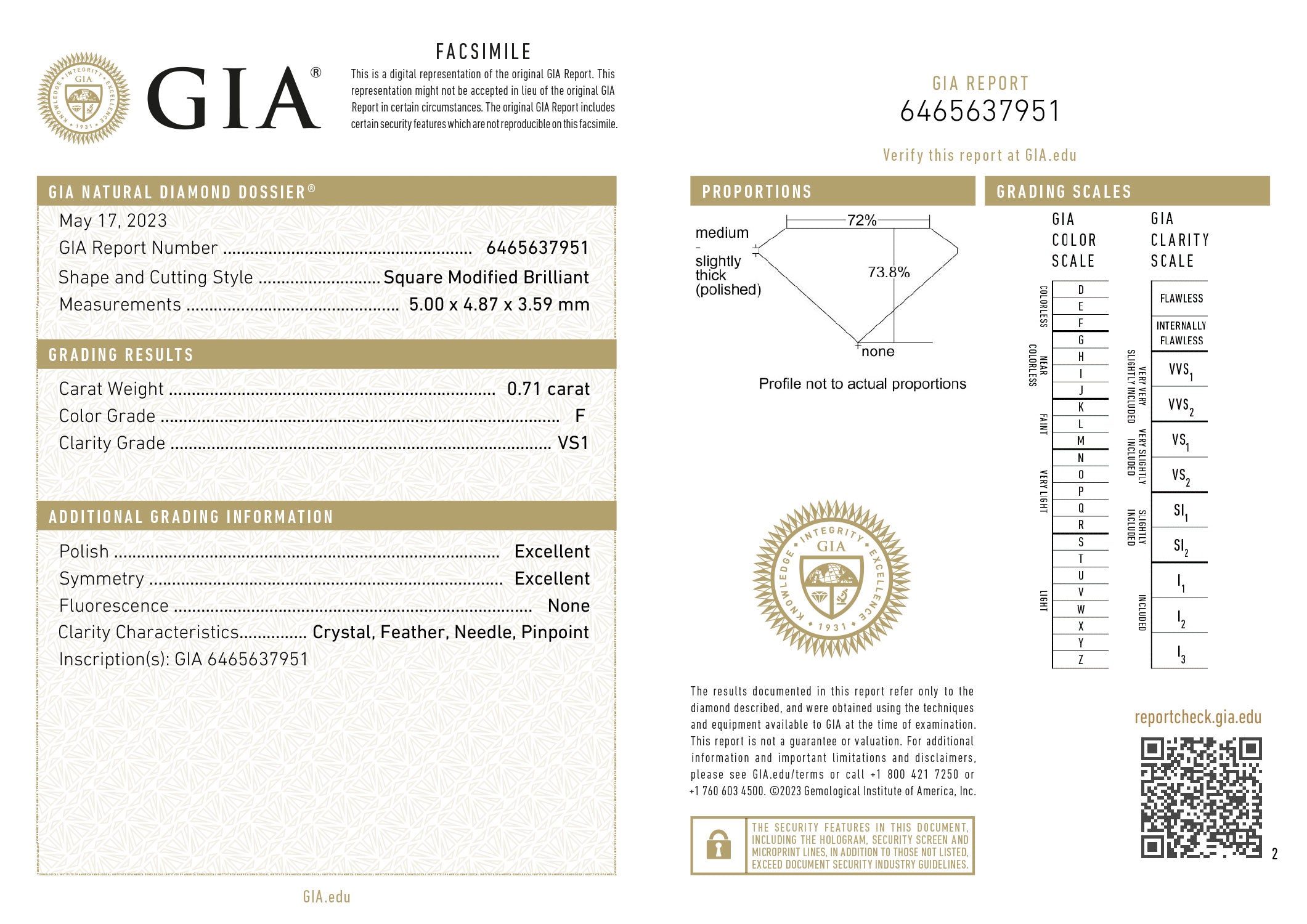 GIA certificaat van een princess geslepen diamant met een totaalgewicht van 0.71ct.