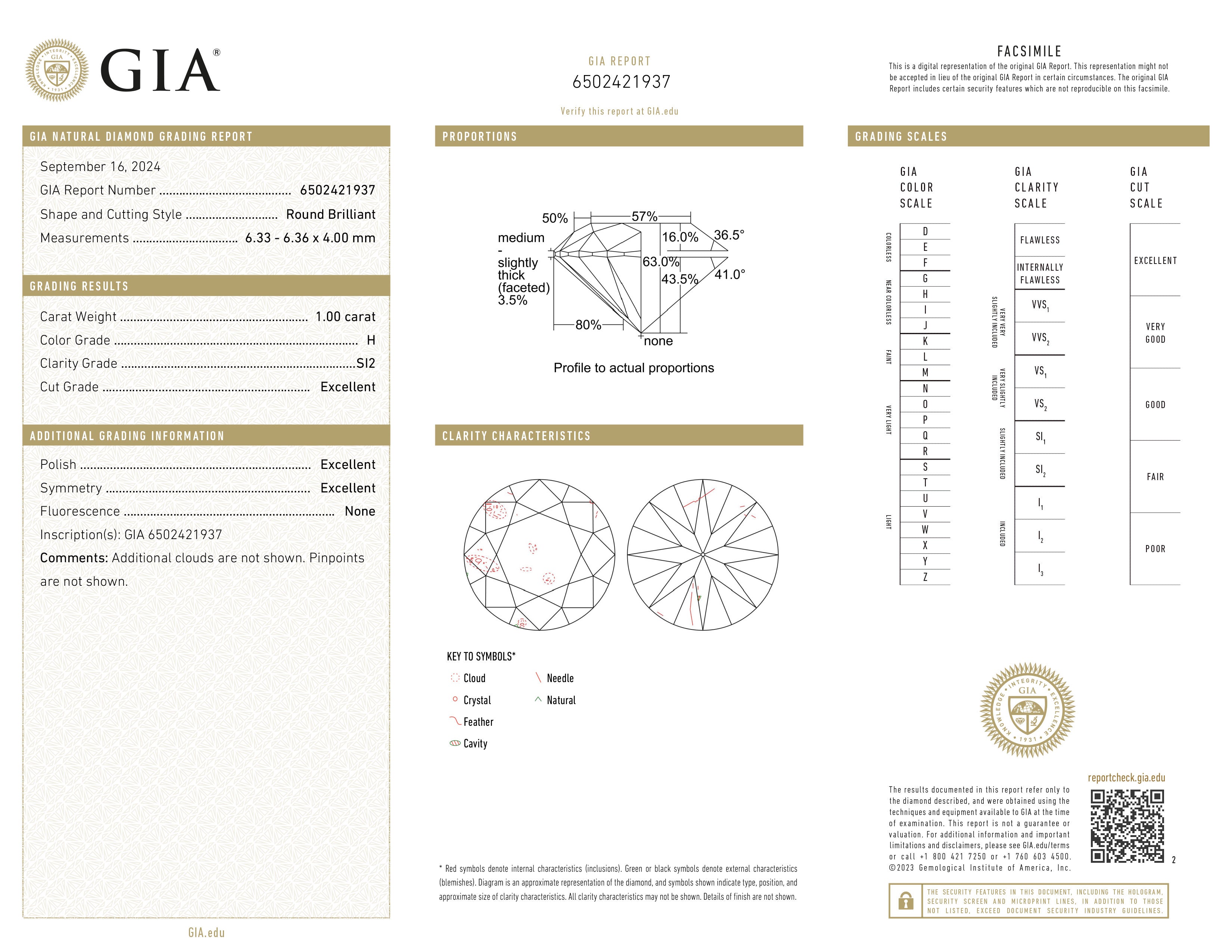 Brilliant cut diamond 1.00ct, H, SI2
