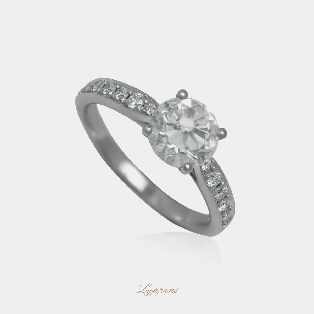 18kt witgouden ring met 1.51ct briljant diamant E P1 en zijdiamant 0.22ct H SI, HRD