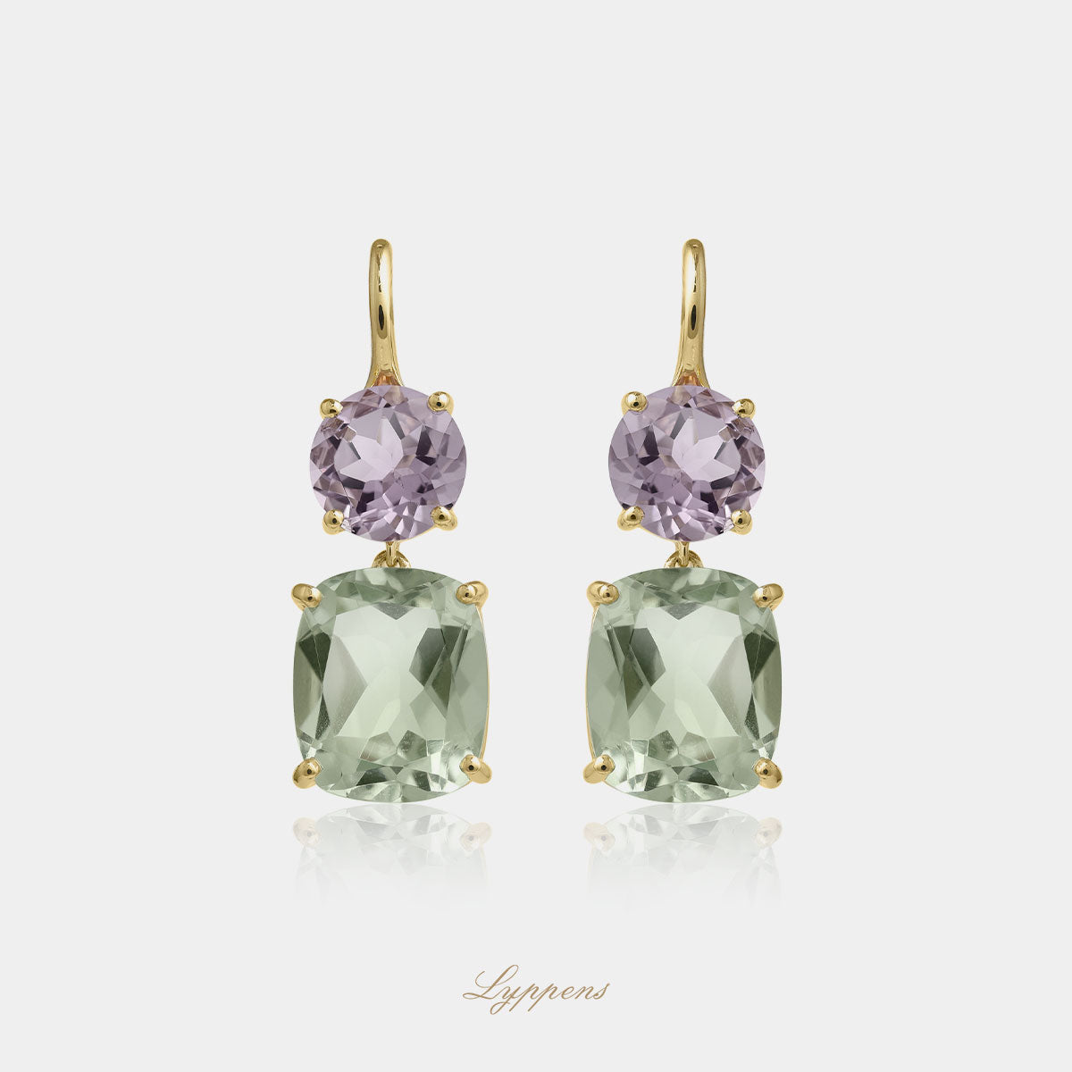 Yellow gold earrings with amethyst and prasiolite