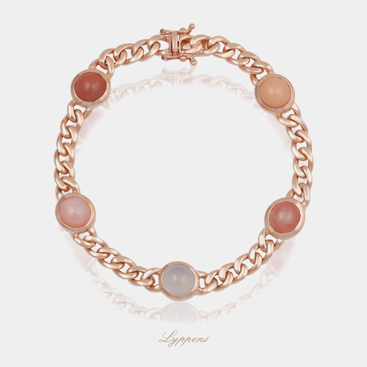 14kt roségouden schakelarmband gezet met cabochon geslepen agaat en opaal.