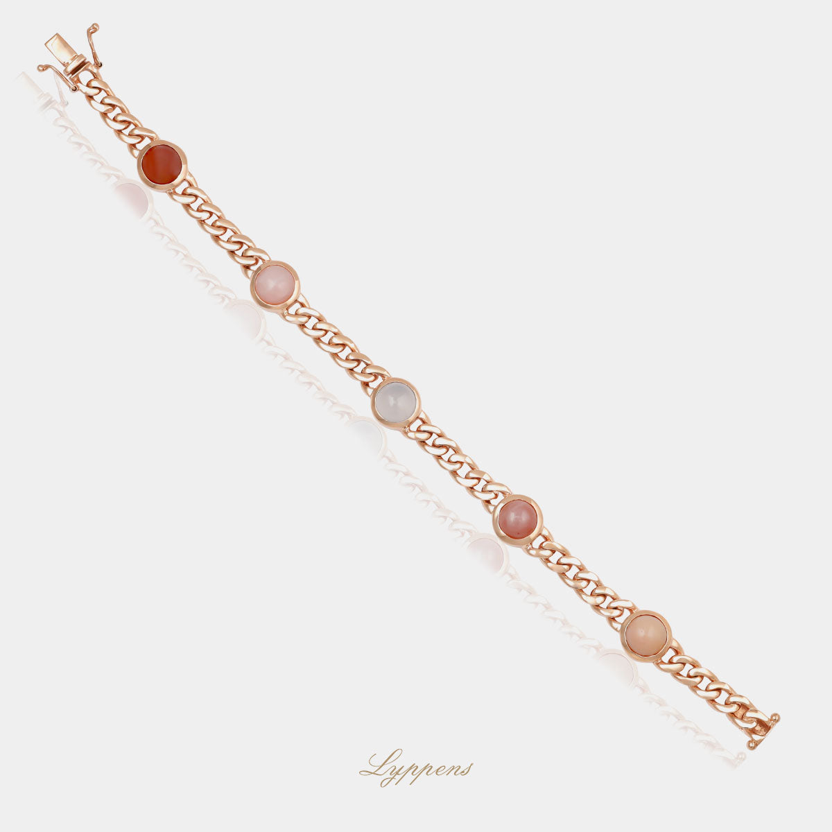 14kt roségouden schakelarmband gezet met cabochon geslepen agaat en opaal.