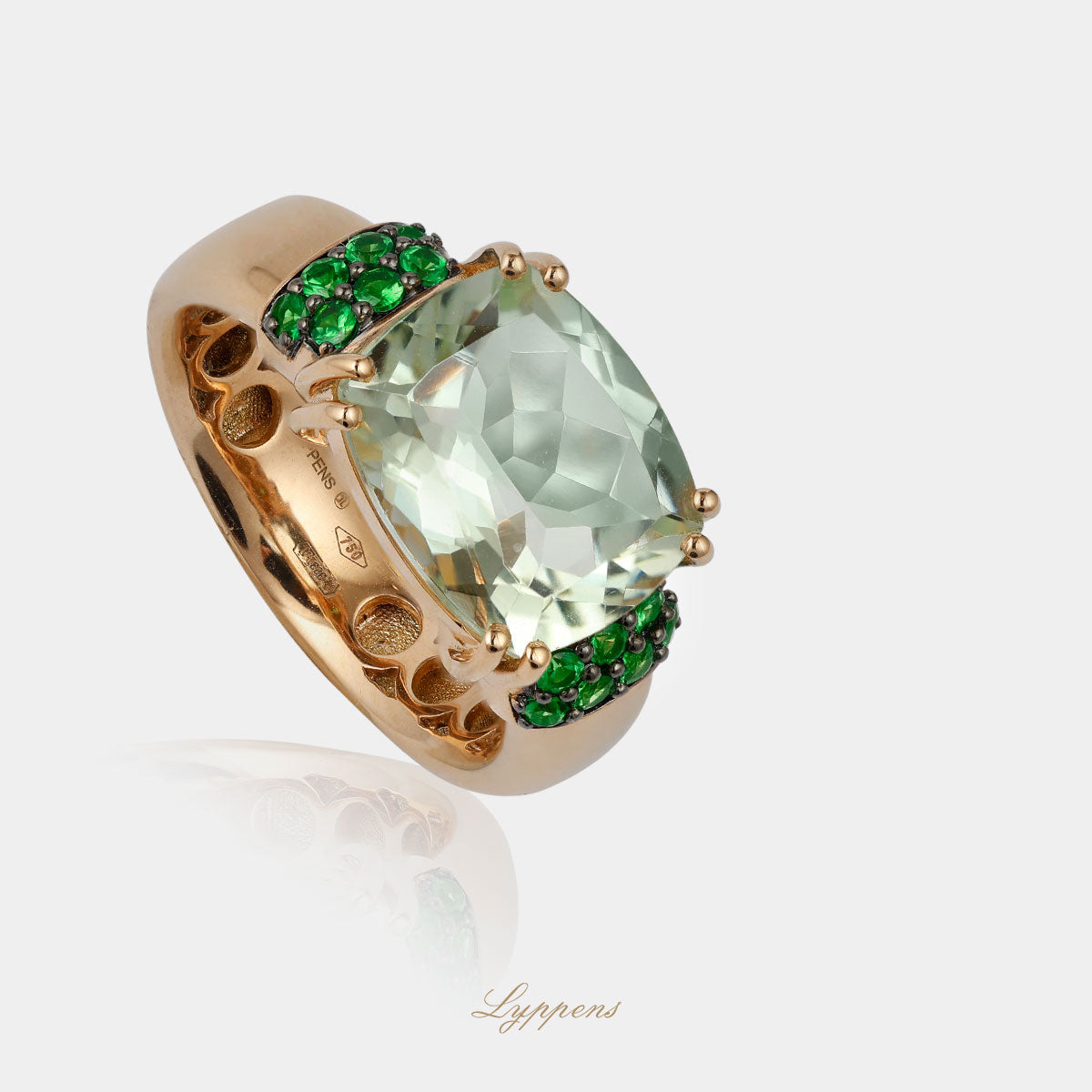Rose gold ring with tsavorite and prasiolite