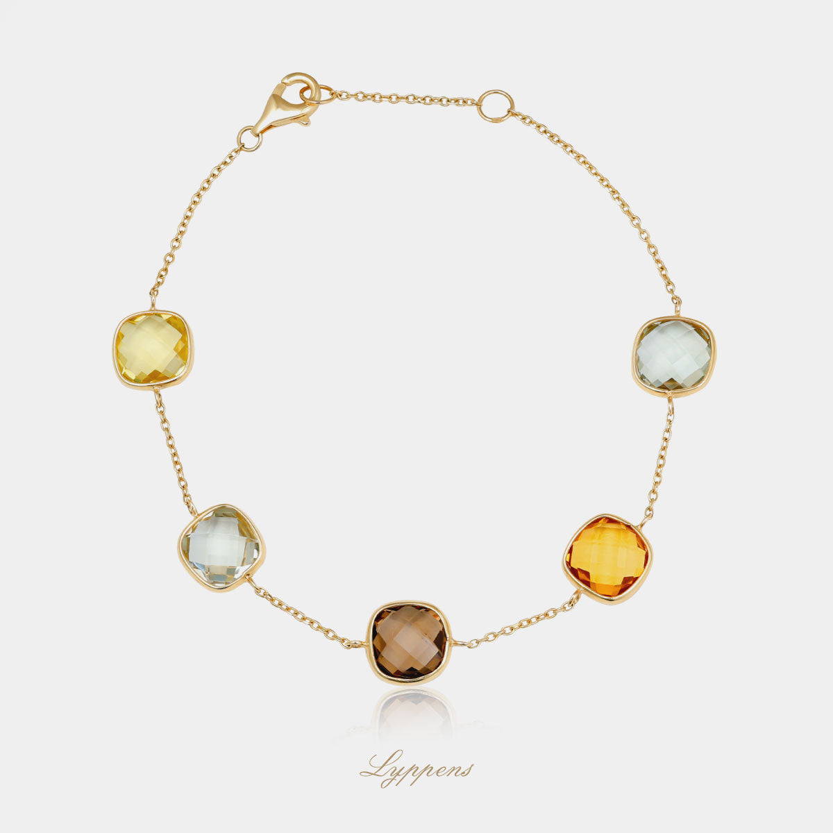 Geelgouden anker schakelarmband gezet met gefacetteerde prasioliet, lemon kwarts, rookkwarts en prasioliet.