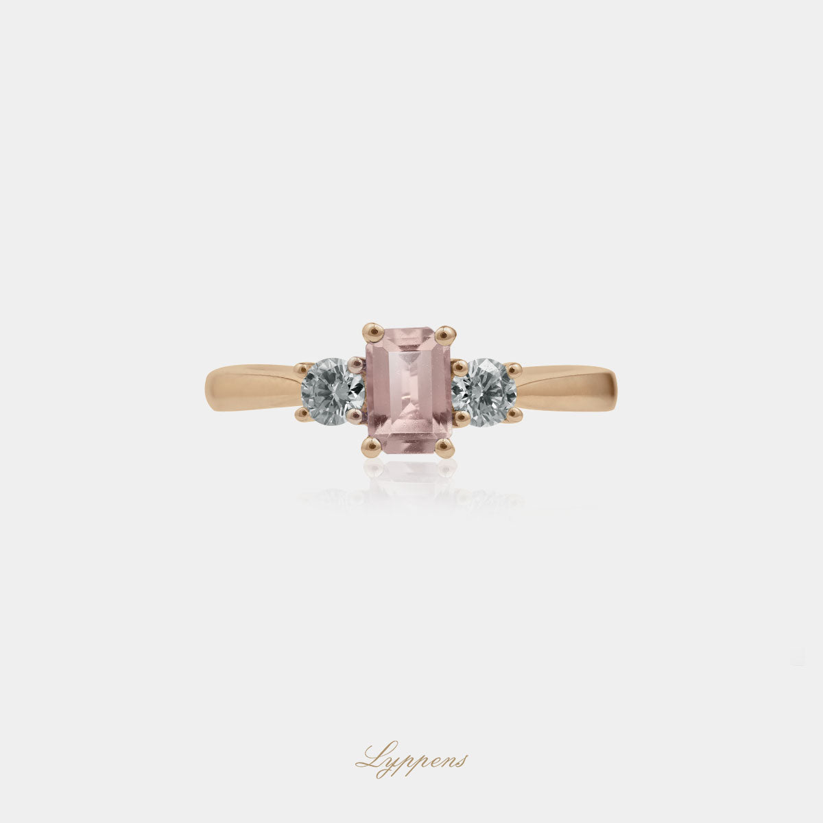 Rose gold three-stone ring with morganite and diamonds