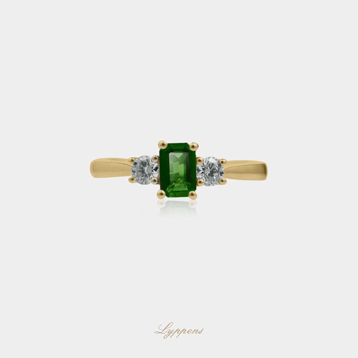 Yellow gold three-stone ring with tourmaline and diamonds