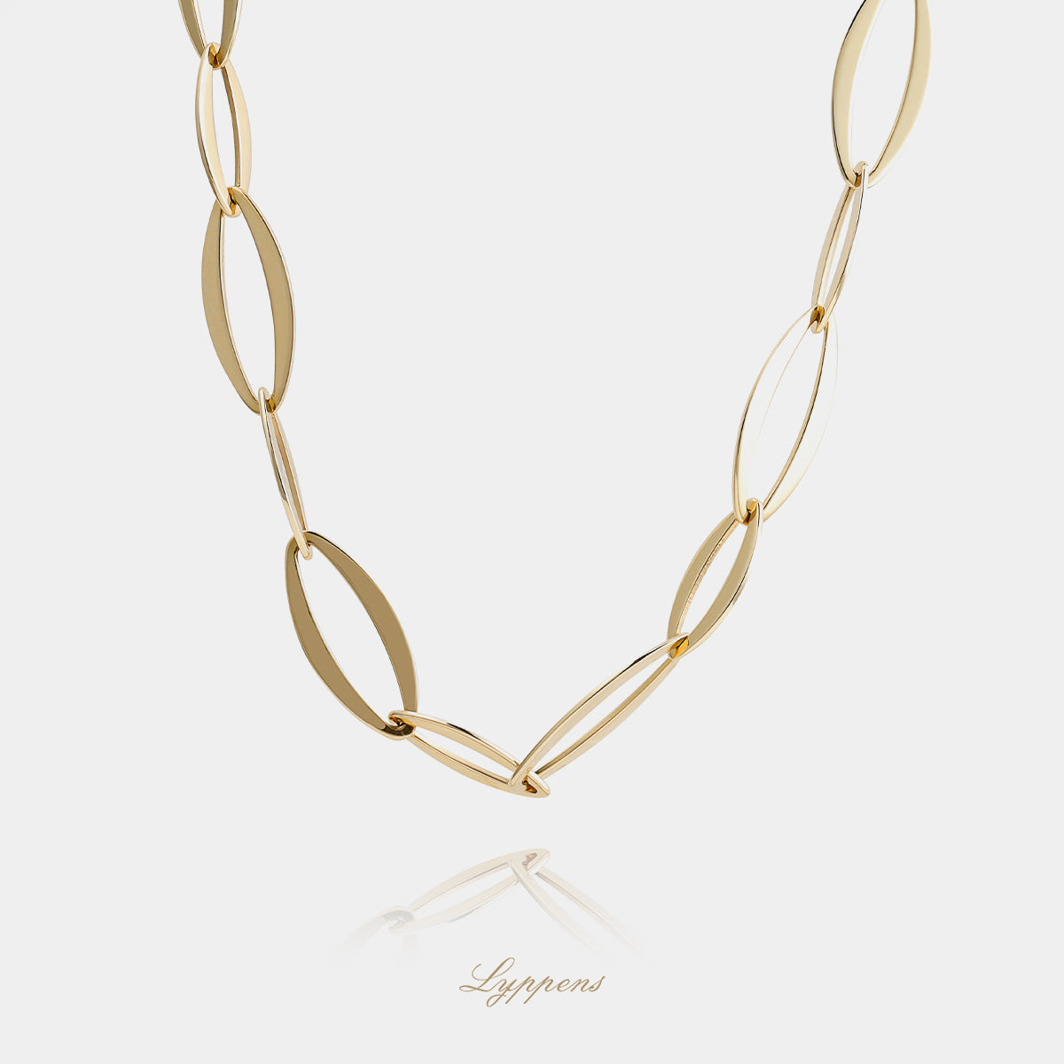 14kt geelgouden fantasie schakelcollier met navette vormige schakels