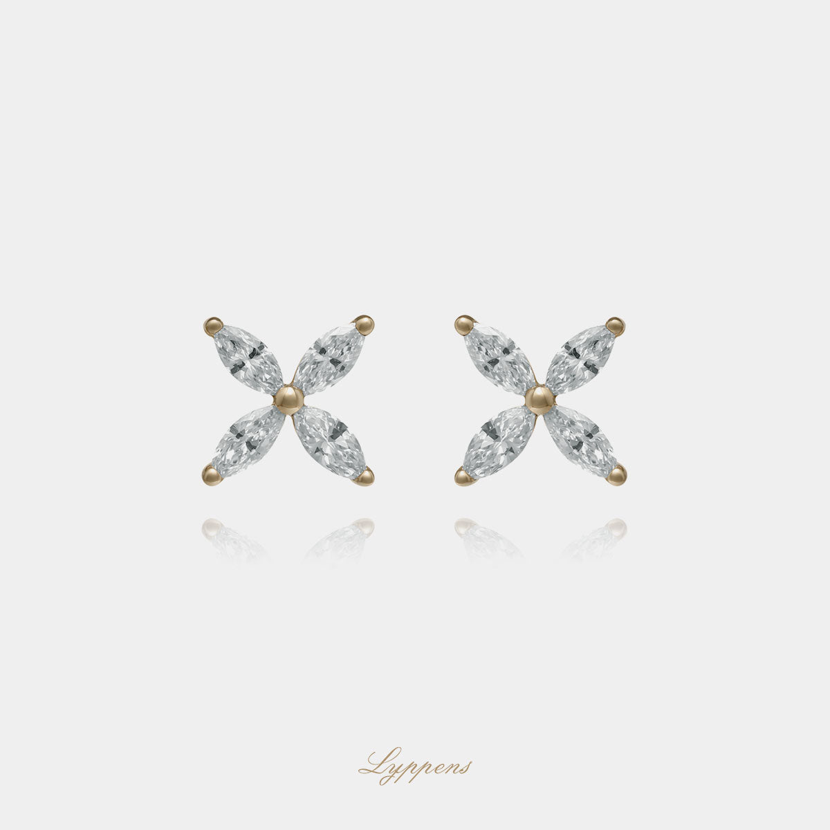 14kt geelgouden bloem oorstekers met marquise geslepen diamant 0.40ct H SI1