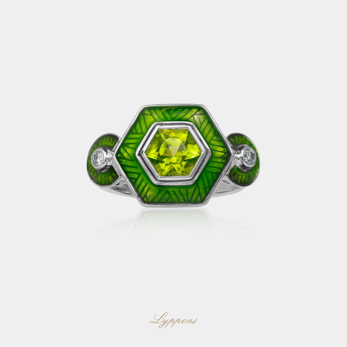 Witgouden ring met peridoot en diamant