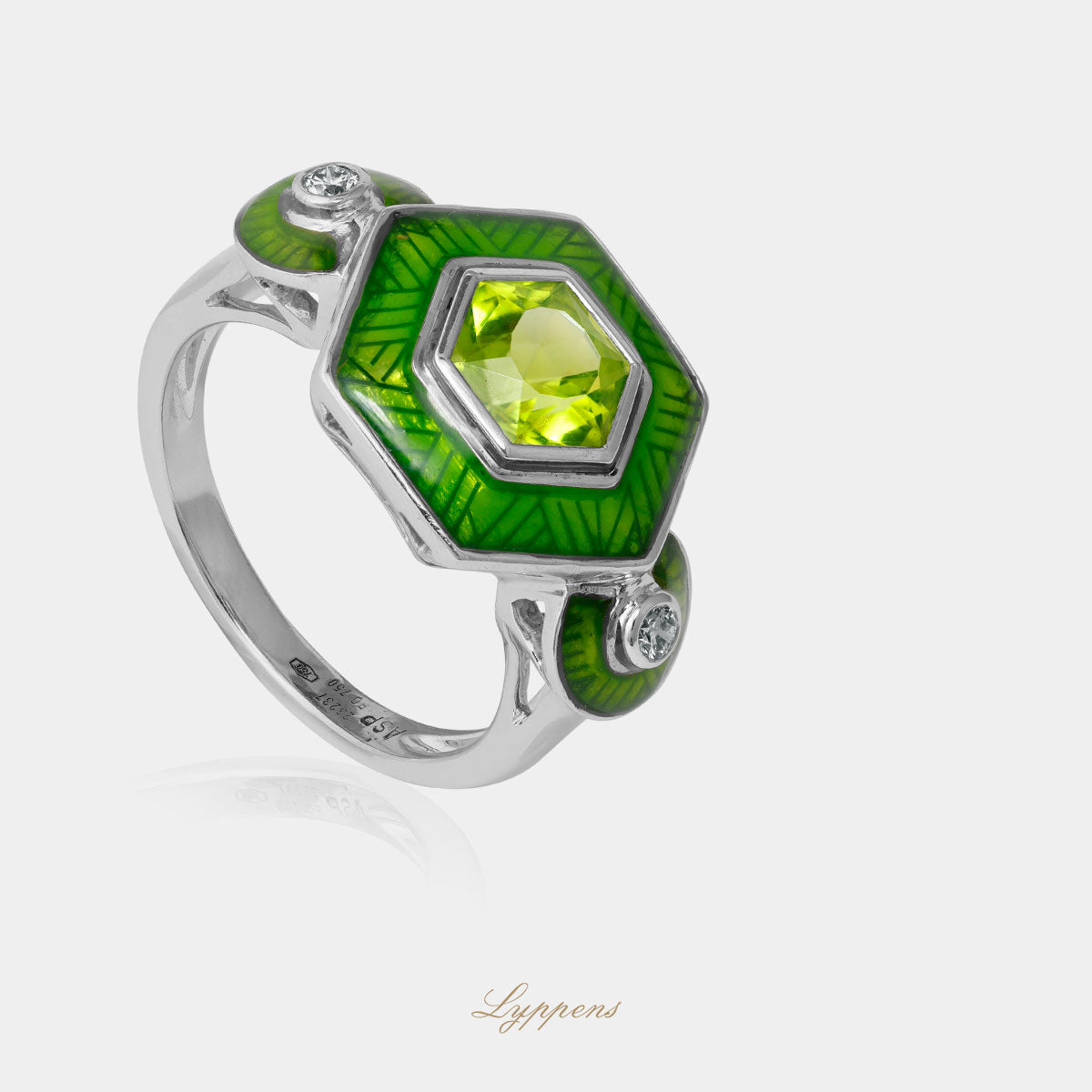 Witgouden ring met peridoot en diamant