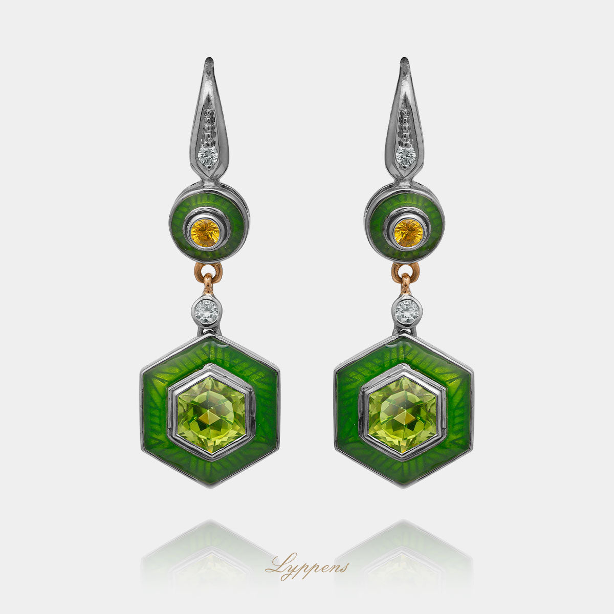White gold earrings with sapphire, diamond and peridote