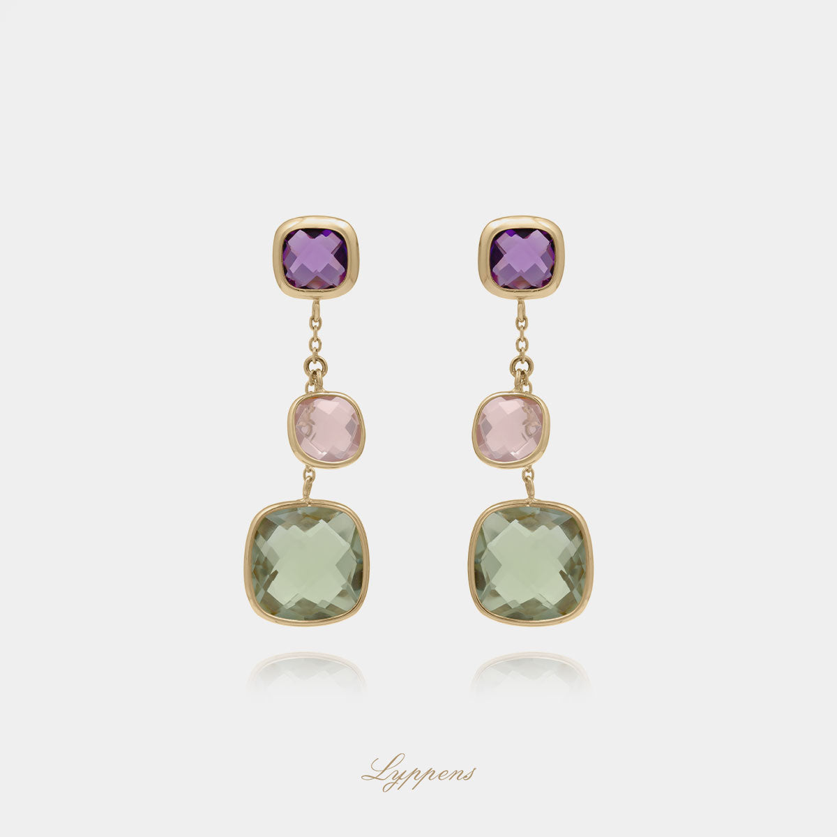 Yellow gold earrings with amethyst, prasiolite and rose quartz