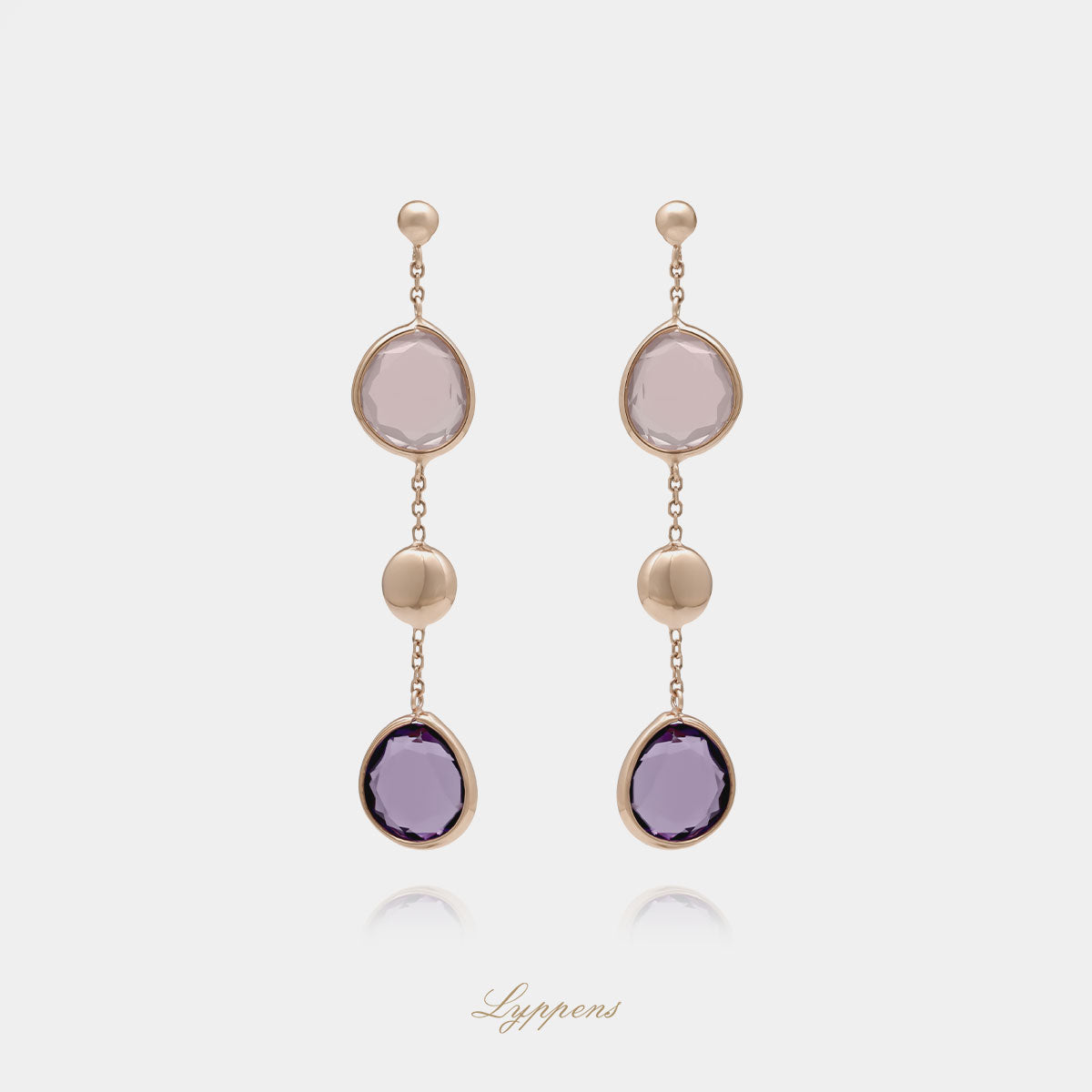 Rose gold earrings with amethyst and rose quartz