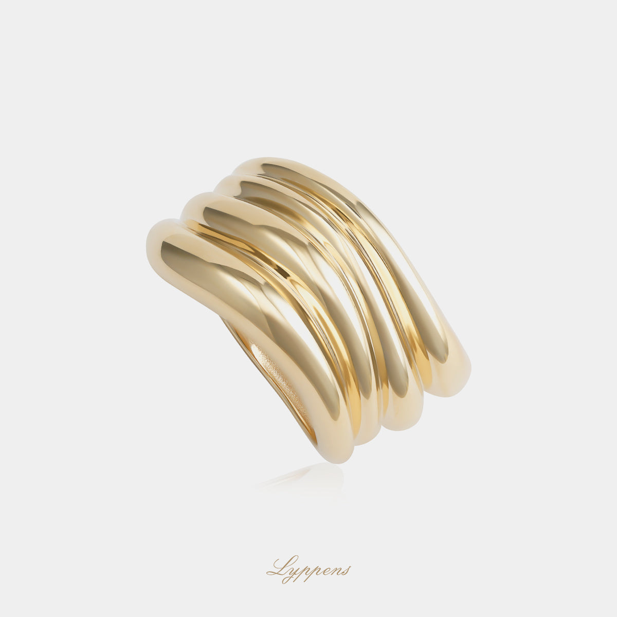 14 karaat geelgouden ring met golvende banen, modern en elegant ontwerp