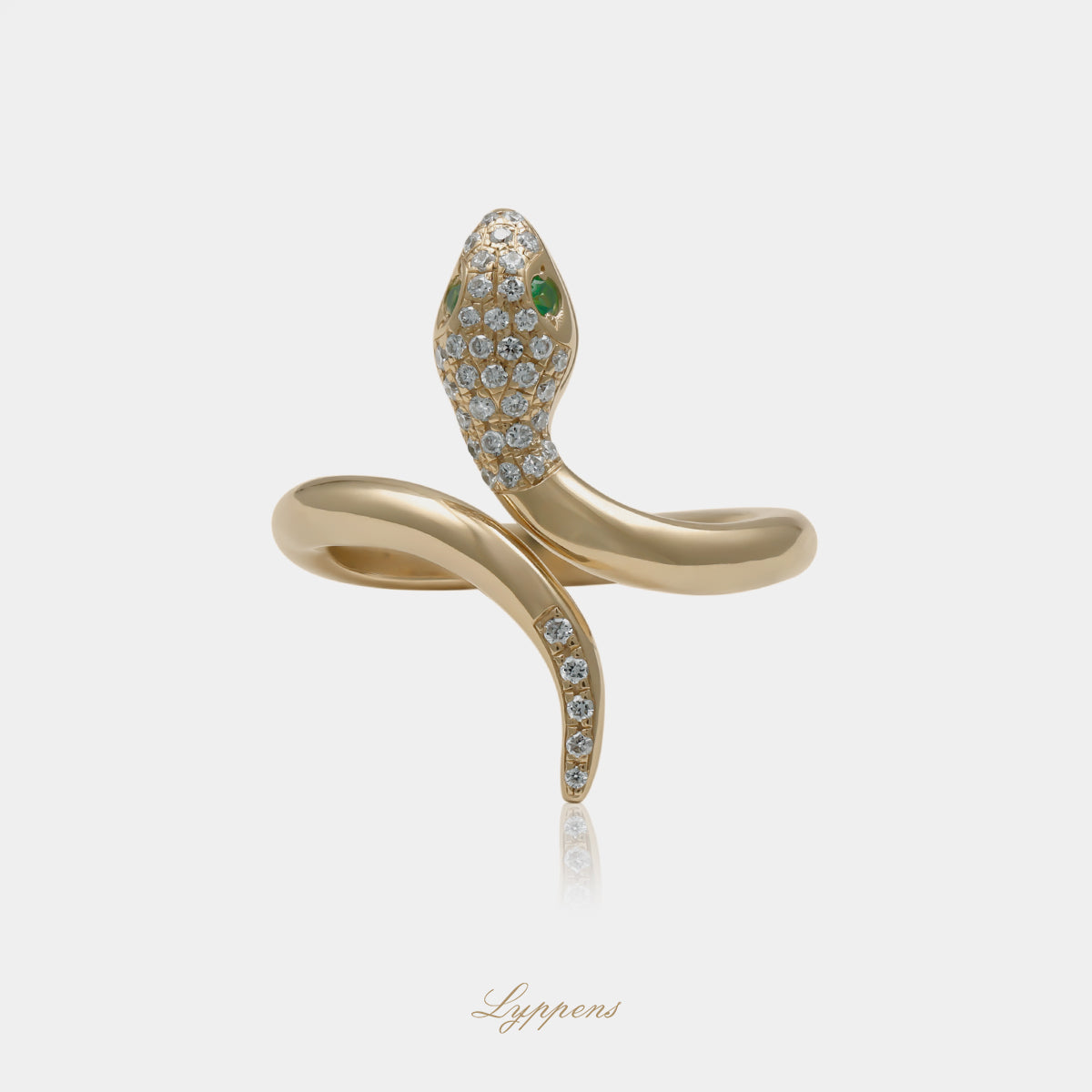 14kt geelgouden slangvormige ring met 0.22ct briljant geslepen diamant en tsavoriet ogen