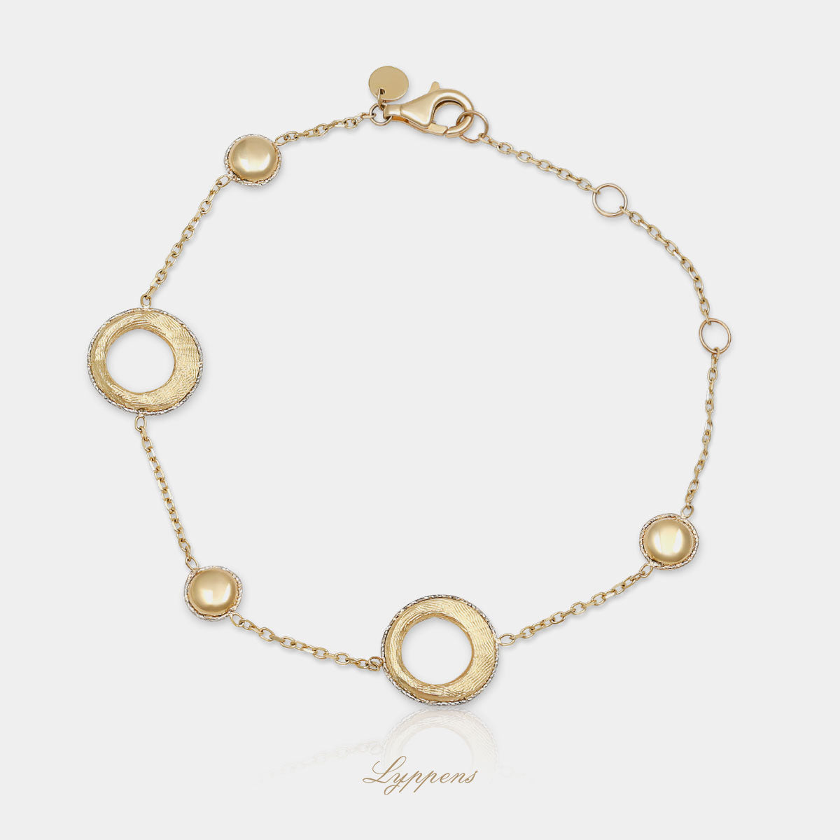 14 karaat geelgouden armband met anker schakels en ronde elementen met gediamanteerde rand