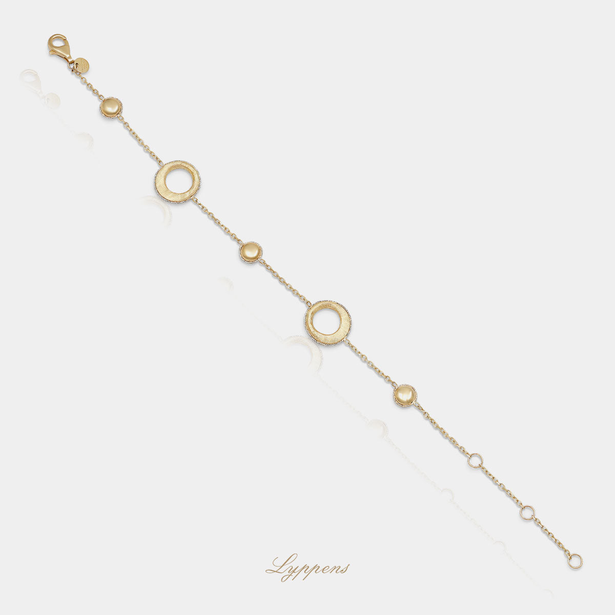 14kt geelgouden ankerschakel armband met ronde elementen en gematteerde en glanzende afwerking
