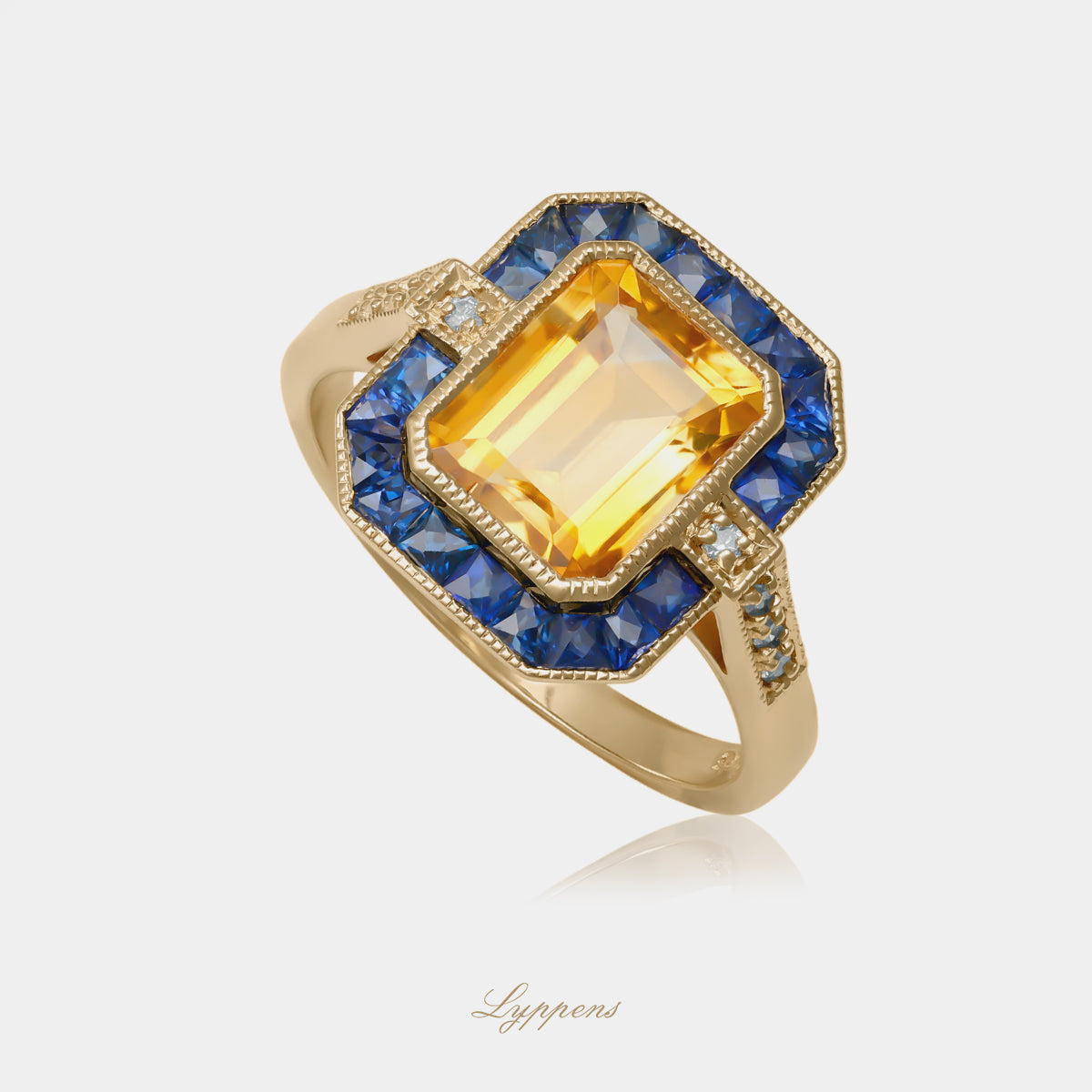 14kt geelgouden entourage ring met rechthoek citrien en saffier en diamant 0.06ct H SI