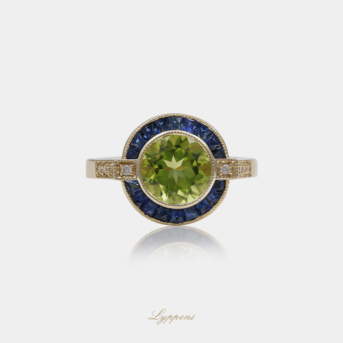 14 karaat geelgouden ring met peridoot, saffier en briljant diamant 0.06ct