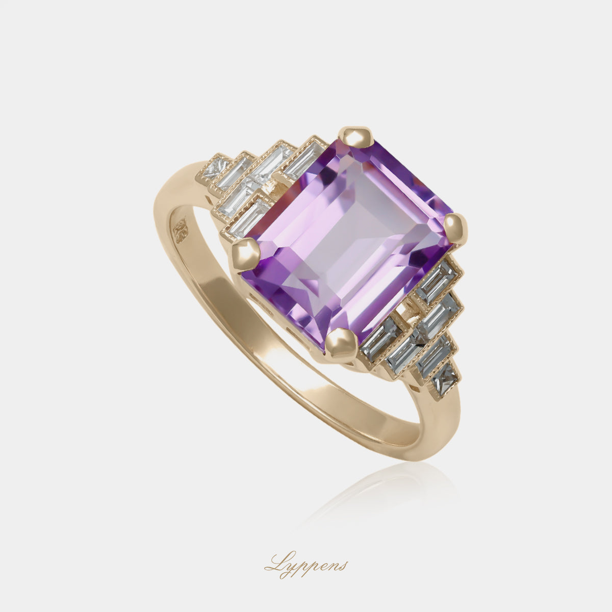 14kt geelgouden ring met rechthoekige amethist en baguette diamant 0.34ct H SI