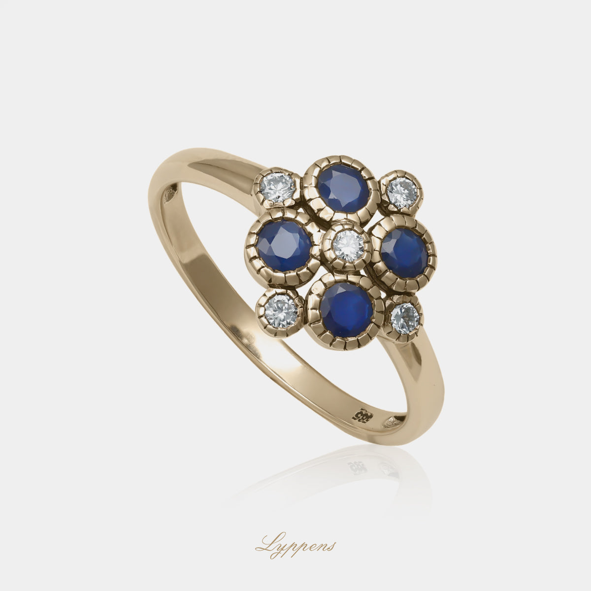 14kt geelgouden bloem ring met saffier en briljant diamant 0.13ct H SI